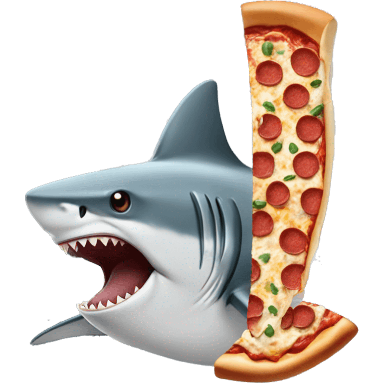 SHARK WITH A DRESS EATING A PEPPERONI PIZZA NEXT TO A SKYSCRAPER emoji