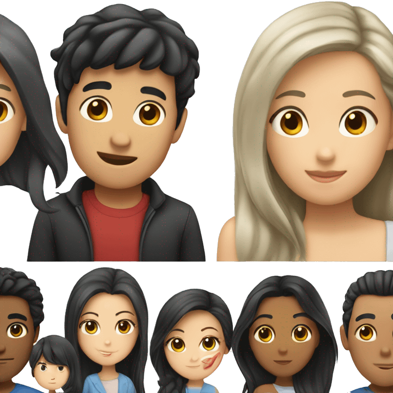 asian black hair man, kissing, white woman long dark hair emoji