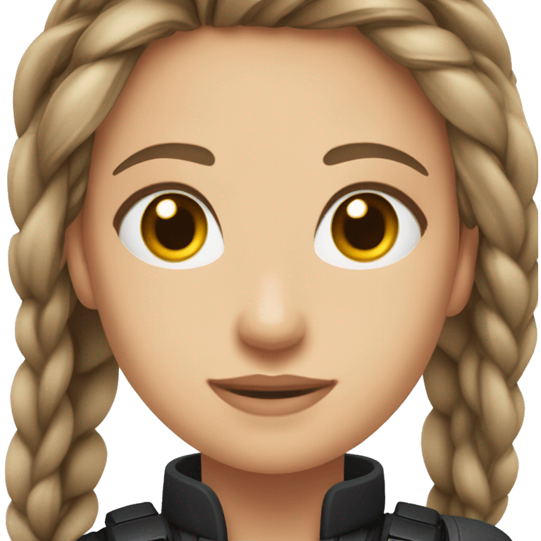 A young woman with a petite and slender build, pale, hazel eyes, and long brown hair that has a silver streak, pulled back into a braid. She’s wearing black tactical gear. emoji