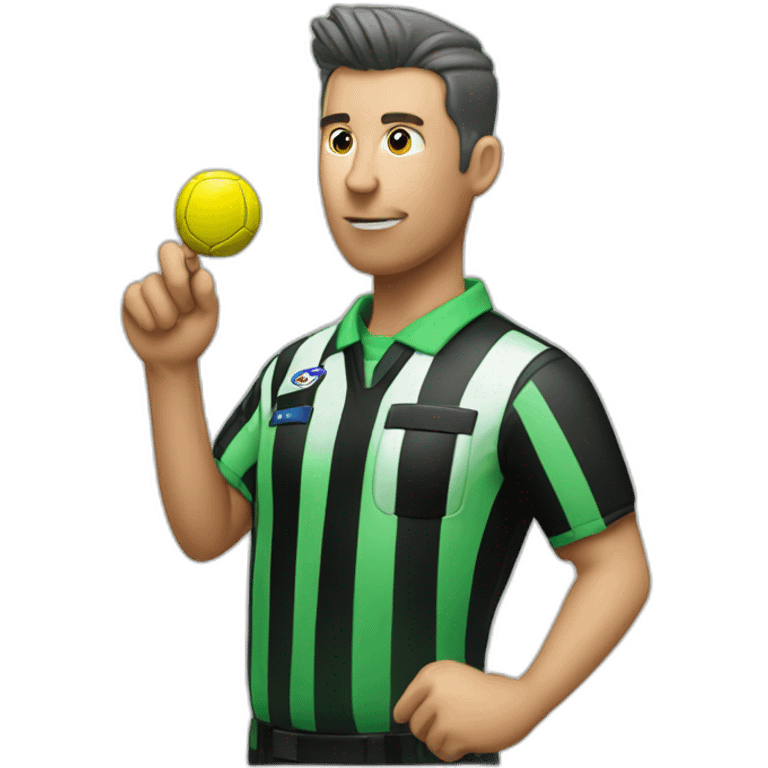 A fifa Soccer referee with green shirt whistling a blue whistle for a position emoji