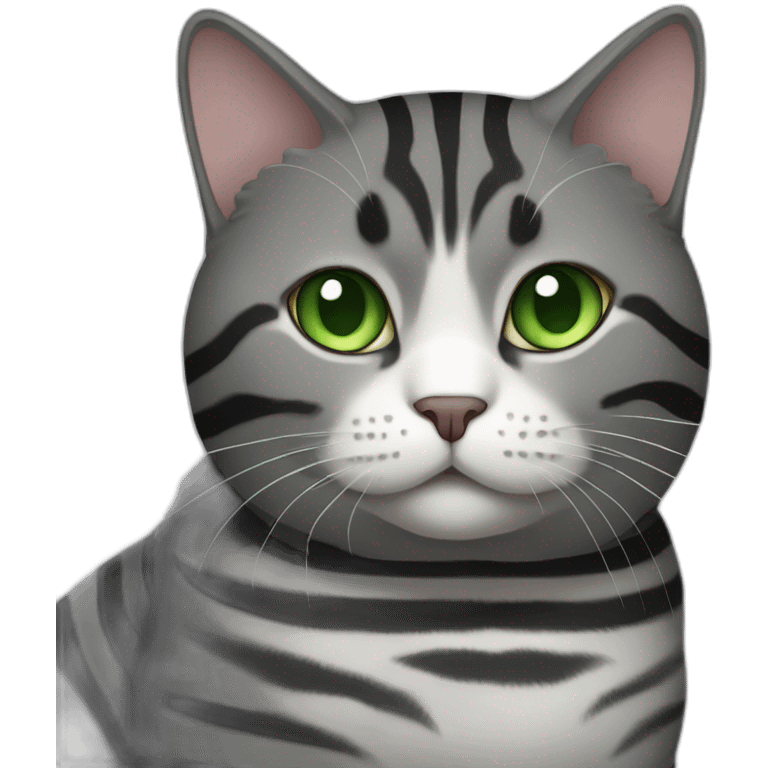 Chubby Striped dark grey female cat with Green eyes and white chest emoji