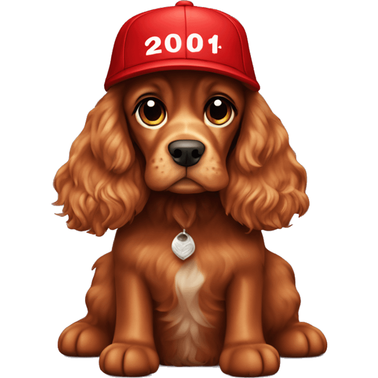 red cocker spaniel full length, wearing a New Year's cap emoji