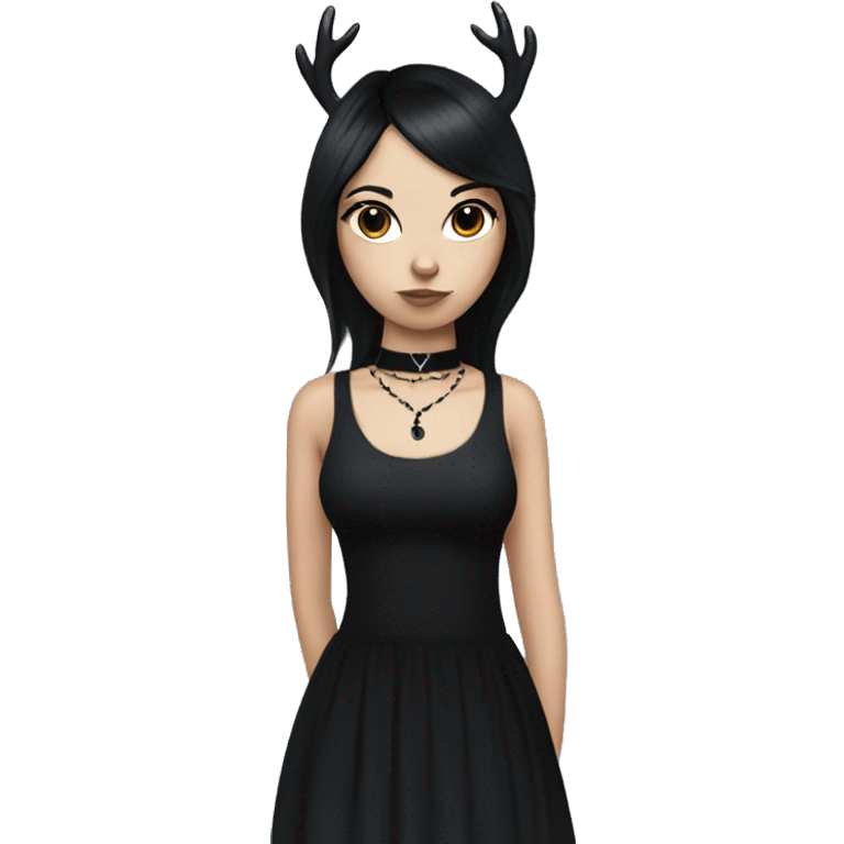 Goth deer girl with black hair in a sleeveless black dress and choker emoji