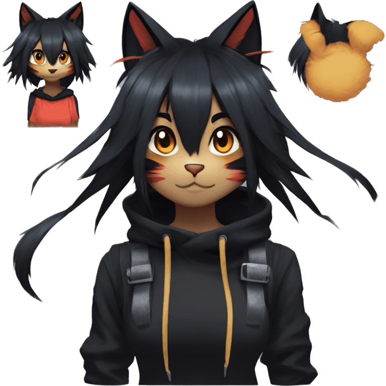 Edgy Shy Anthro boyish cool pretty dark black Litten-Pokémon-cat-fursona-animal techwear ponytail emoji