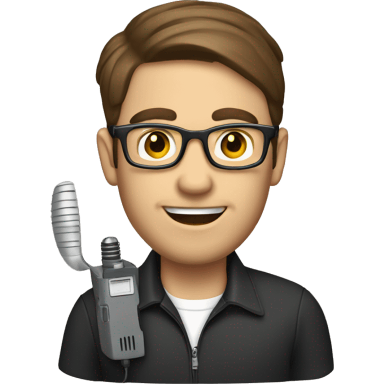 A man with brown hair and glasses holding a radio walkie talkie emoji