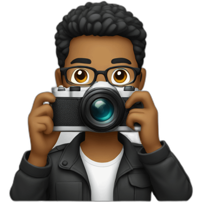 a photographer, young, black, short hair, beard, wearing glasses and with camera in hand. Using black emoji