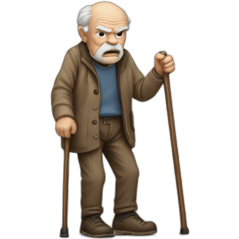 Old man leaning on a walking cane and holding his crancky back with his hand, grumpy face, detailed emoji