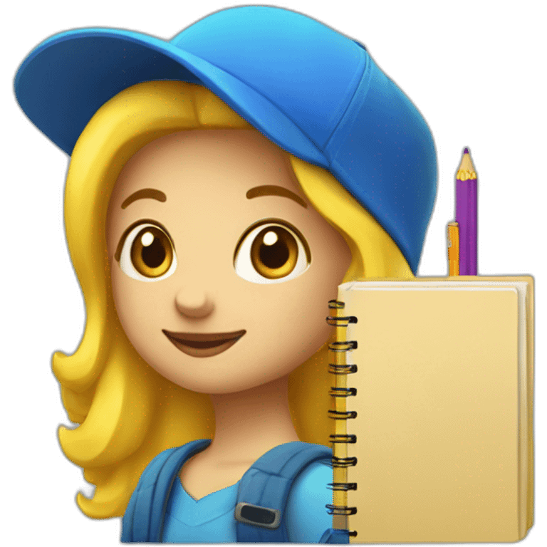 a girl with yellow hair in a blue hat with a yellow mallow holds a pen and a notebook in her hand emoji