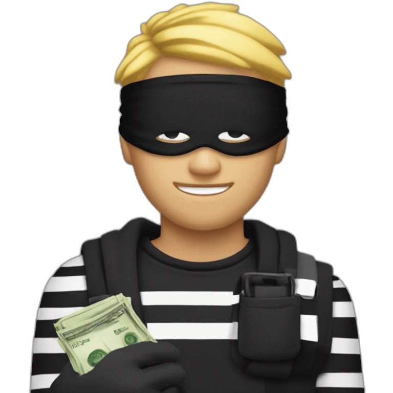 robber with blonde hair wearing a black beanie and a long sleeved white and black horizontally striped t-shirt and wearing black eye mask and holding and a bag of money in their left shoulder emoji