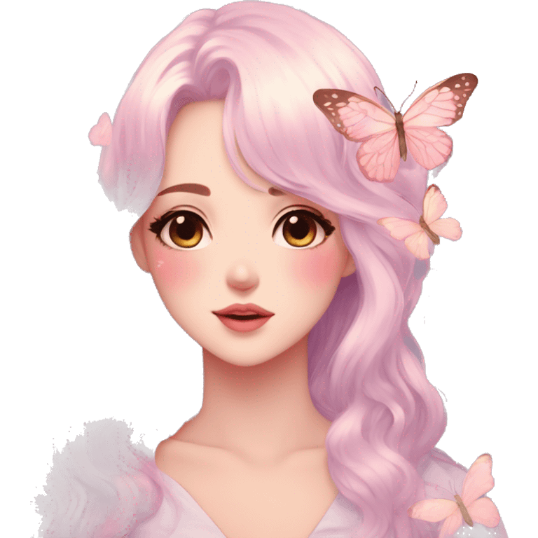 Gorgeous pastel anime style lady with blushing face and butterflies aesthetic trending style emoji