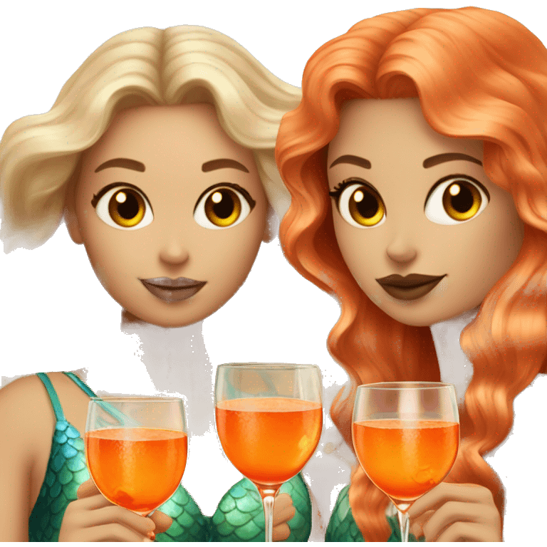 Three beautiful mermaids (light skin) drinking aperol emoji