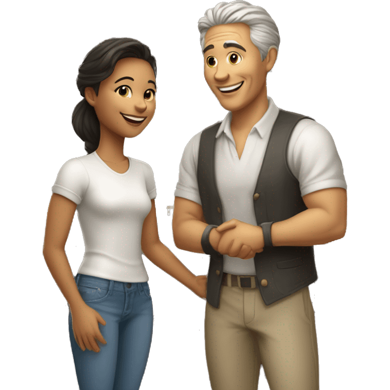 an old restaurant owner and young blogger in youth clothes, shaking hands, both with light skin, in great detail, in full height emoji