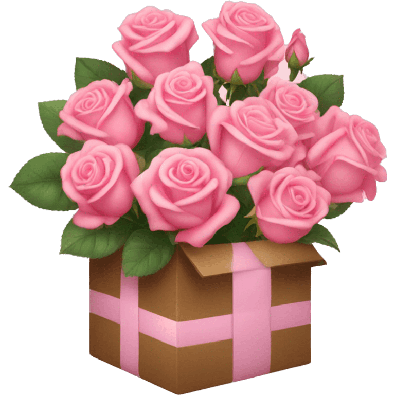 Box of pink roses with a light pink ribbon around the box emoji