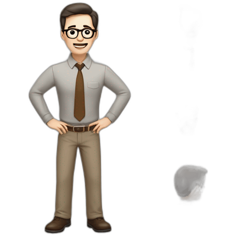 To belt Actively gesturing with hands Pale skinned fit man teacher with dark brown hair in gray jacket, beige office shirt, brown tie, brown pants and vintage glasses. emoji