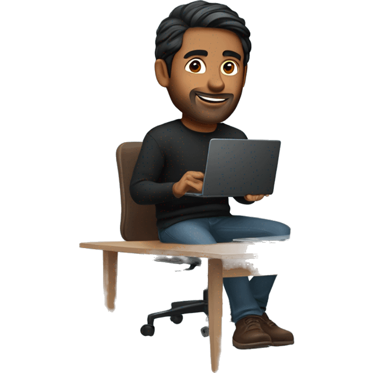     memoji of a man with a laptop in front, apple-style,modern,dark hair,black sweater,computer in hand, Indian brown skin, sitting on his desk with light blue gradient background emoji