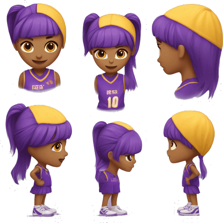 A yellow girl with purple bobbed hair with bangs and a purple uniform is playing basketball emoji