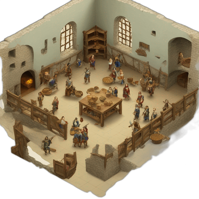 open floor plan of a medieval mint showing different people working emoji