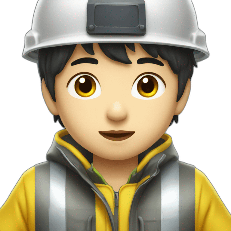 chinese boy with very thick lip wearing yellow rain jack and a white safety helmet doing inspection emoji