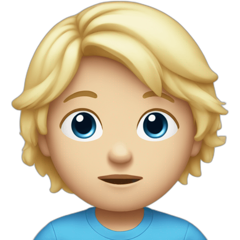 A baby with blond hair, blue eyes and a blue t-shirt and a sad face emoji