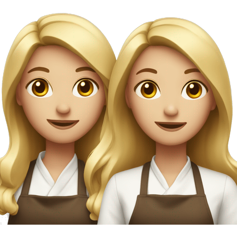 Two female cooks for a logo. The first one has long chocolate brown straight hair. The second one has long blonde wavy hair. emoji