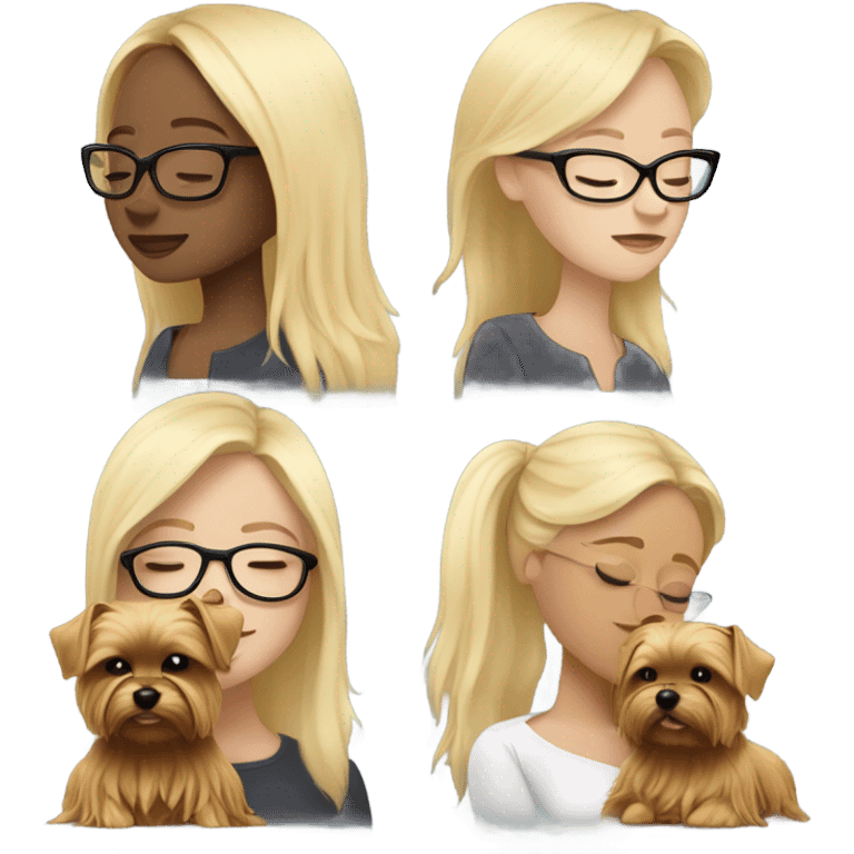 White girl blonde hair eyes closed wearing glasses hugs Yorkshire terrier  emoji