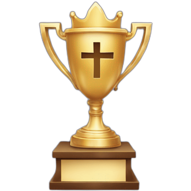 royal big empty Christian trophy for the winner with a cross on royal background  with number 1 emoji