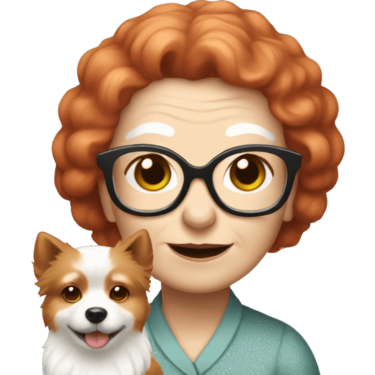 old lady with red hair and glasses holding a cute white pomerania emoji