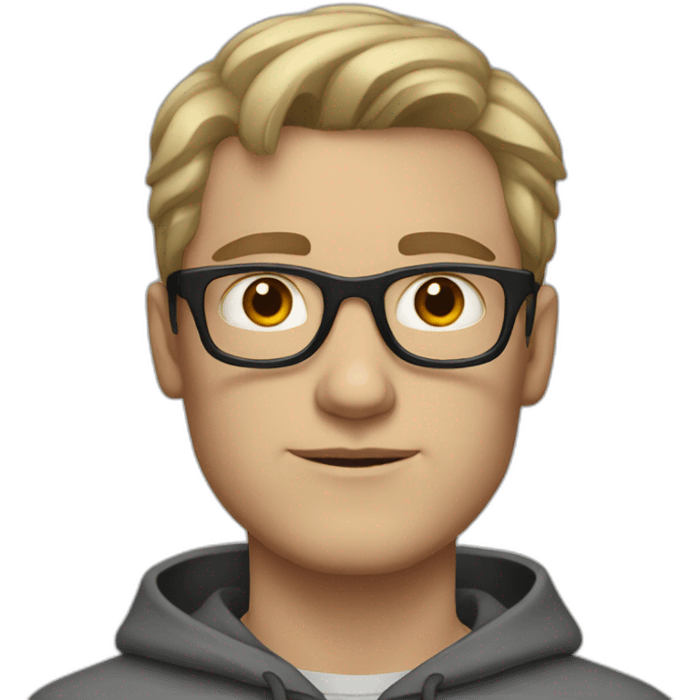 White man with black tinted glasses and black hair in a gray hoodie emoji