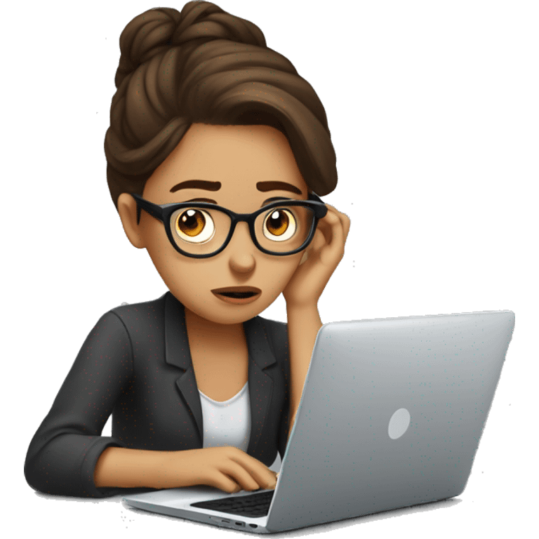 stressed out girl with brown hair and glasses staring at a laptop screen  emoji