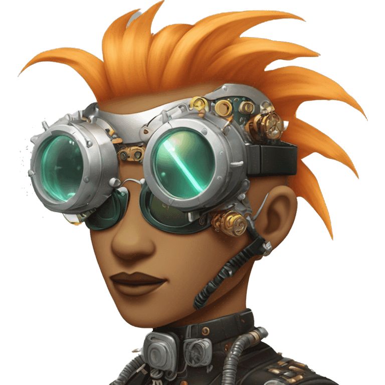 Light orange Mohawk hair make cyborg head with silver steampunk goggles and circuits emoji