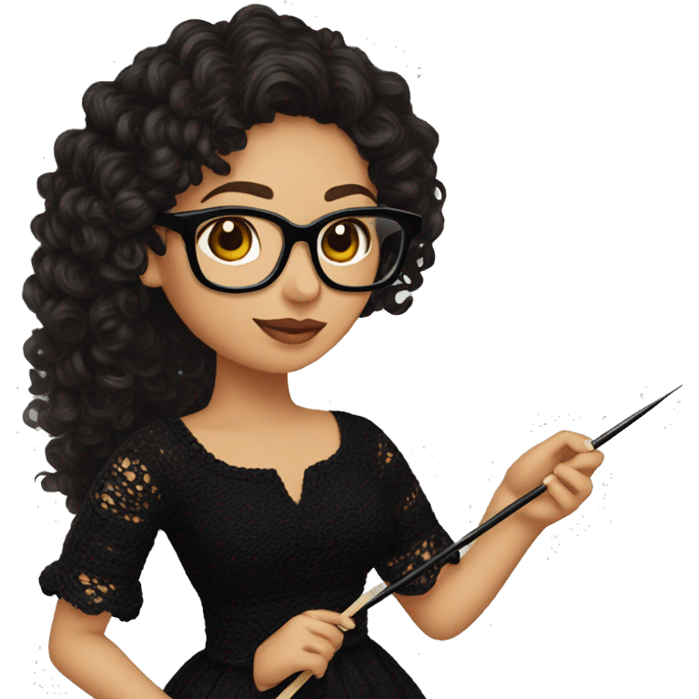 Hispanic woman with black glasses long dark brown curly hair holding crochet needle with yarn wearing a black dress emoji