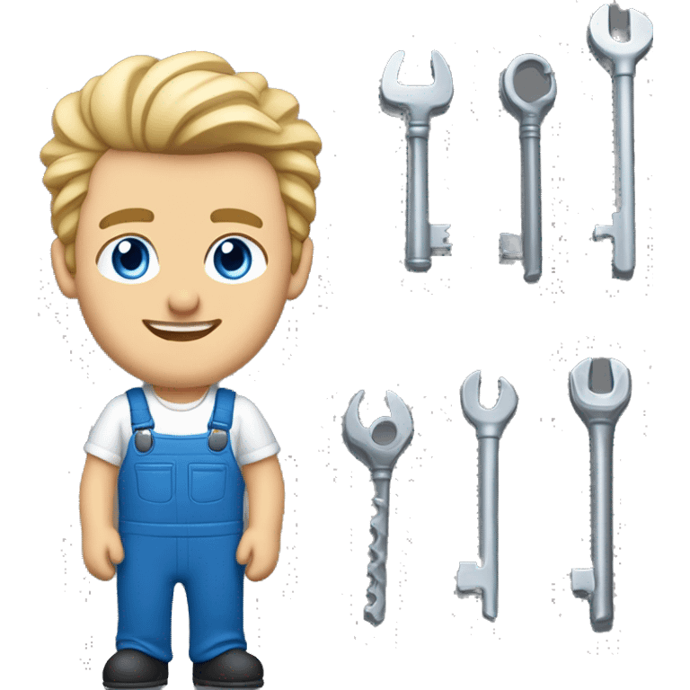  car mechanic, midlle age white men with smile, blodne hair, blue eyes, key in hand, sport cup  emoji