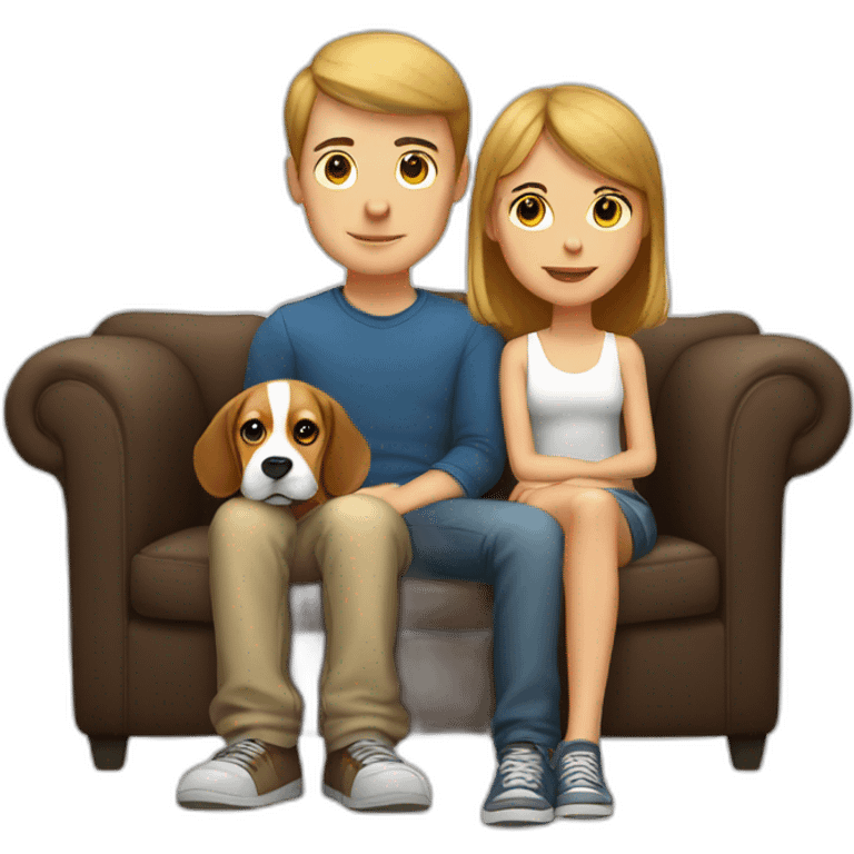 White boy and girl and beagle Sit on couch emoji