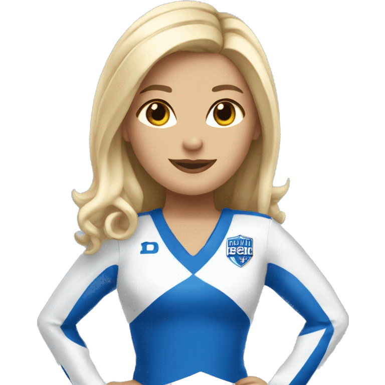 blond cheerleader wearing a blue and white uniform that says “dhs” on it  emoji