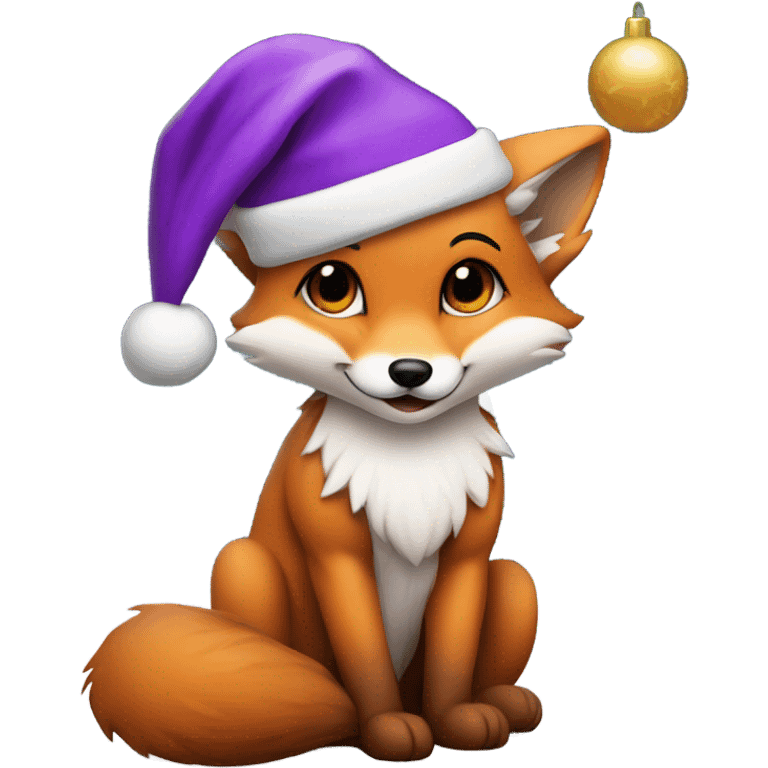 Baby fox wearing purple Santa hat sitting next to a  Christmas tree   emoji