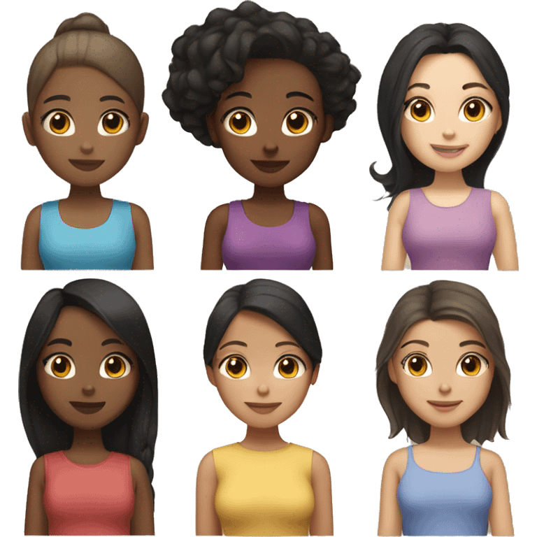 4 girls, one with light skin and black hair, 1 with light skin and dark brown hair, 1 with light skin and light brown hair, 1 with brown skin and black hair emoji