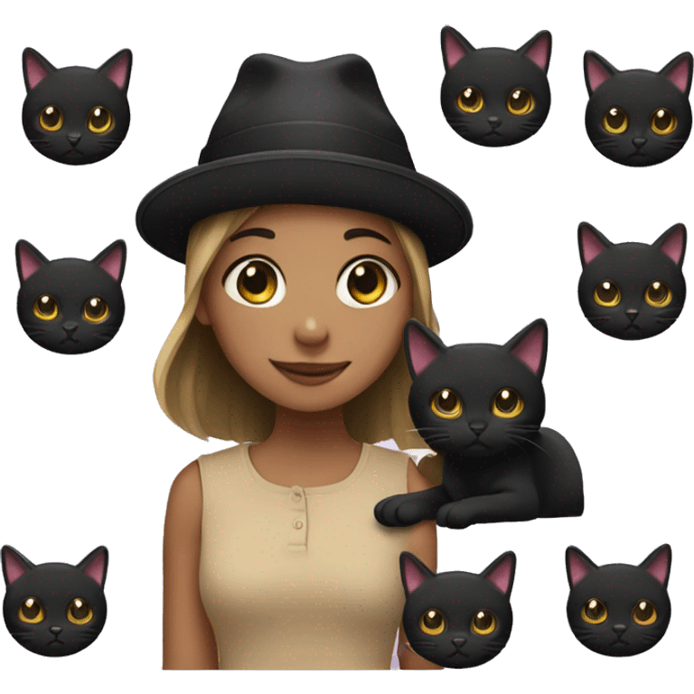 Girl with a black cat wearing matching hats emoji