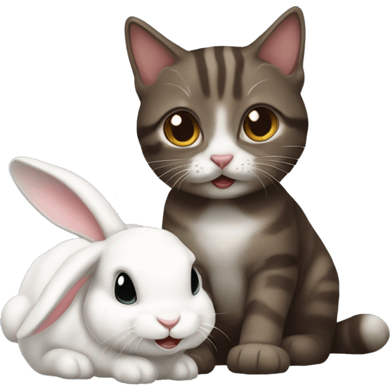 One dark brown, white tabby cat playing with their white bunny emoji