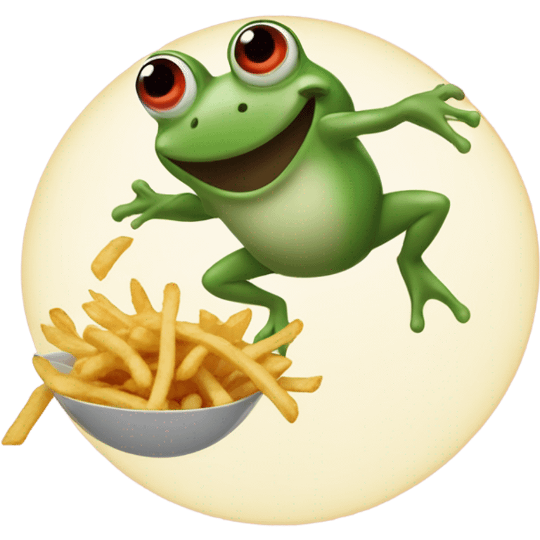 A frog jumping over the moon throwing French fries emoji