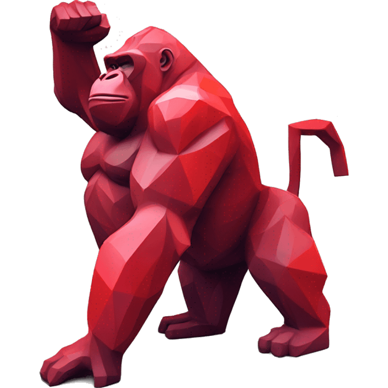 A red gorilla sculpture with a geometric, faceted design. The gorilla is standing upright with one arm raised, showcasing its angular and abstract features. The vibrant red color highlights the sharp edges and planes. emoji