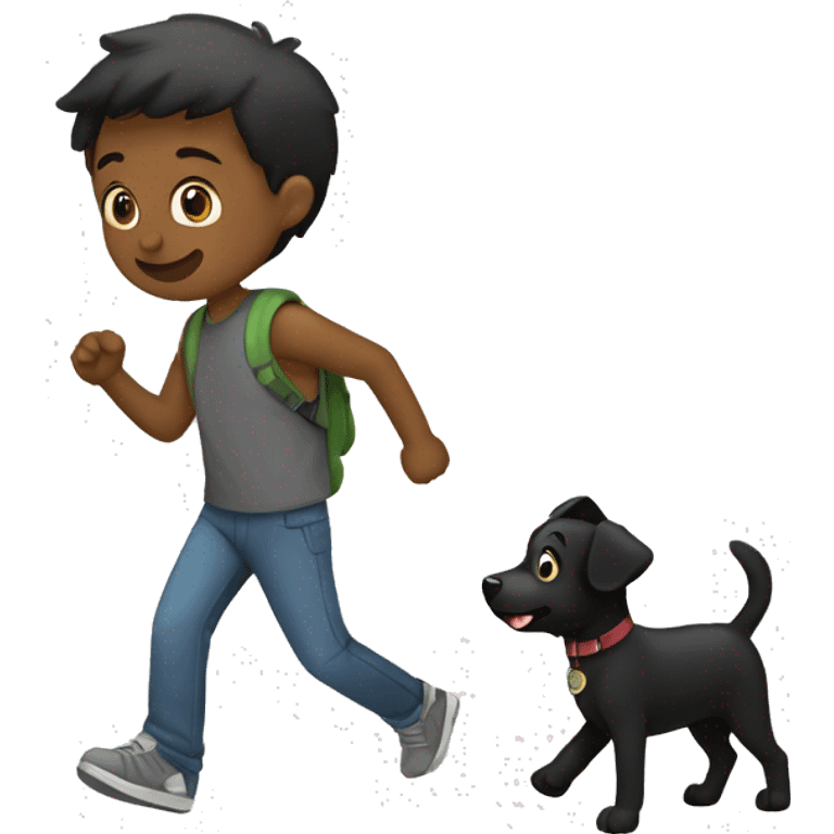 Un Perro negro y un niño de 13 años caminando  emoji