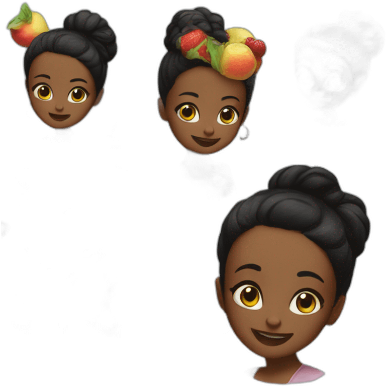 A black girl, black hair in a bun, eat cake spitting fruits away emoji