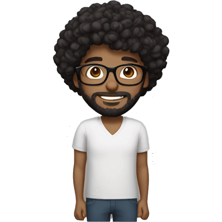 Black curly hair, short hair, brown skin, a full beard, and wearing glasses. emoji