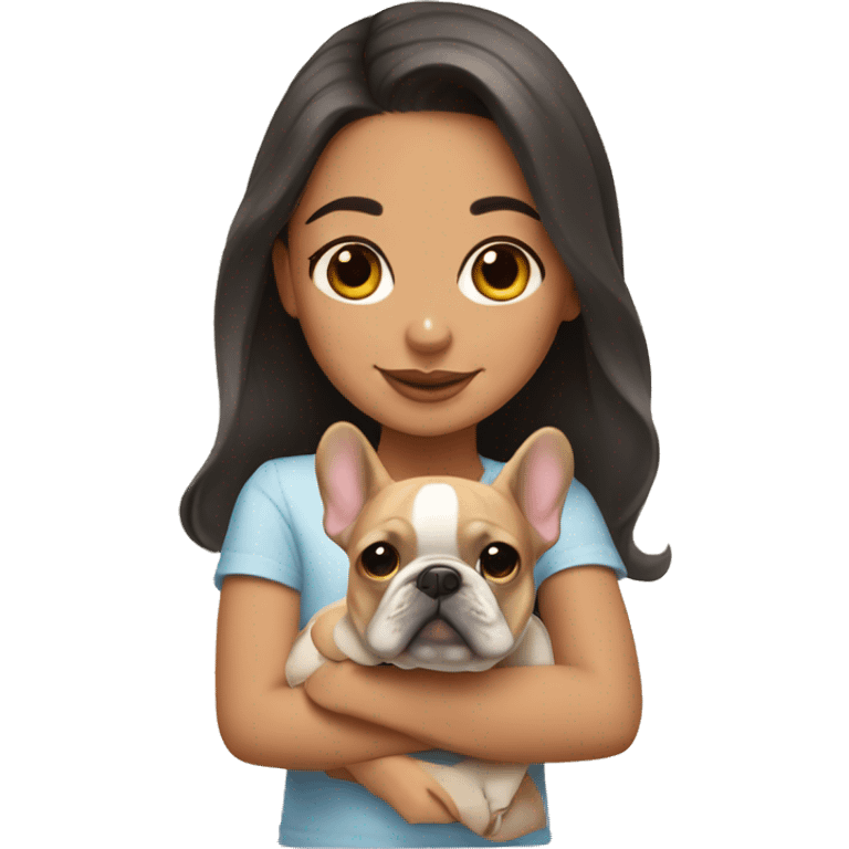 Cute hispanic girl with a tan French bulldog emoji