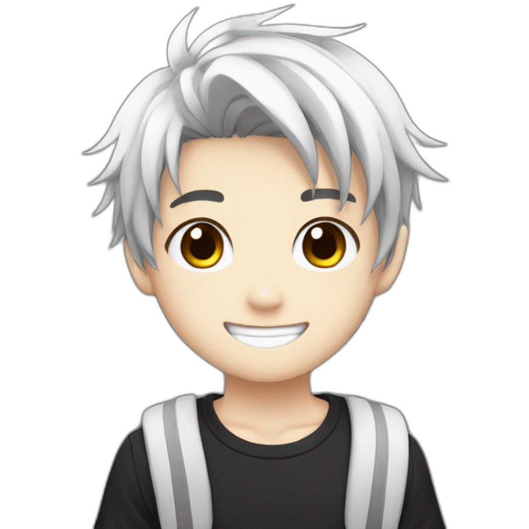 anime boy cartoon smiling with black haircut and black and white t shirt emoji