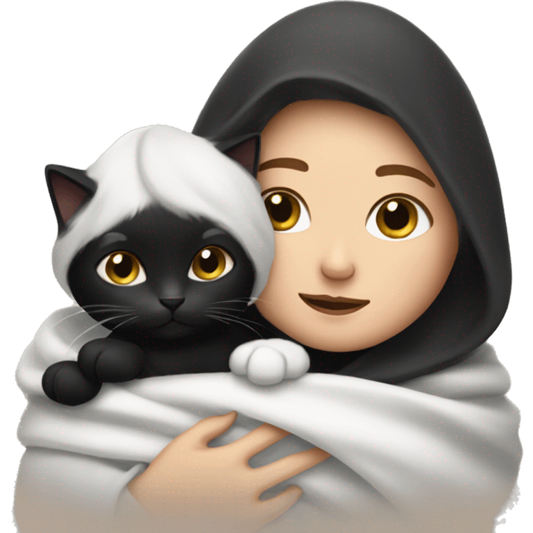 White lady snuggling with a black and white  cat with a blanket emoji