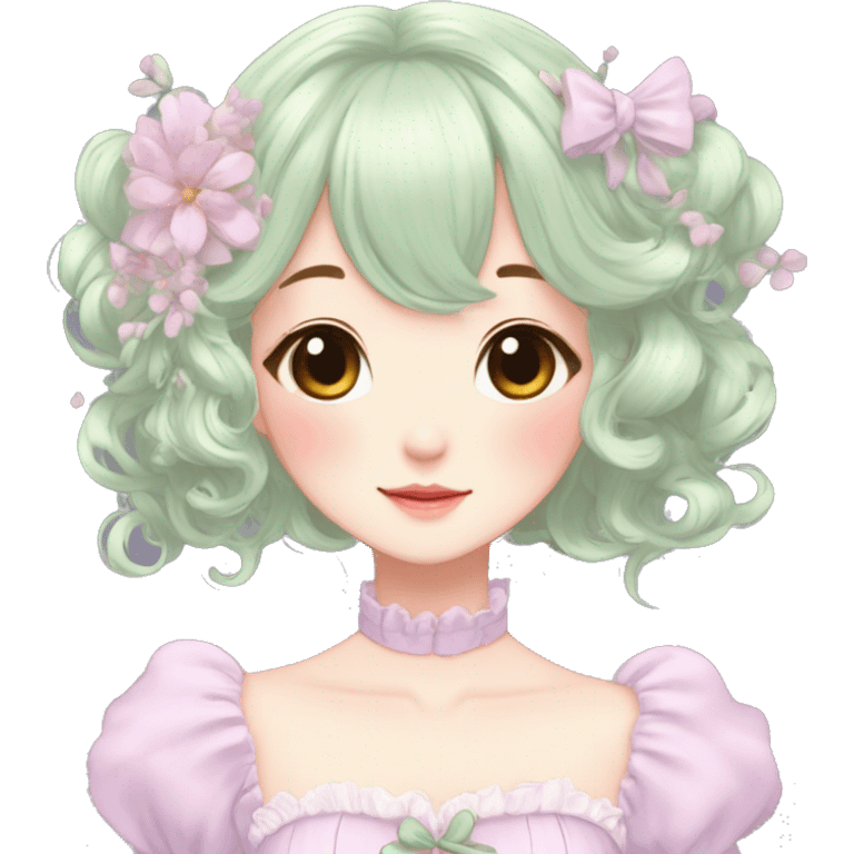 Cute kawaii gorgeous pretty anime cartoon pastel lady beautiful hair with gorgeous dress fairycore cottagecore detailed high quality trending aesthetic emoji