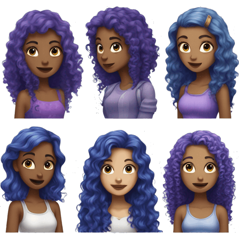 Girl with blue straight hair kissing girl with purple curly hair  emoji