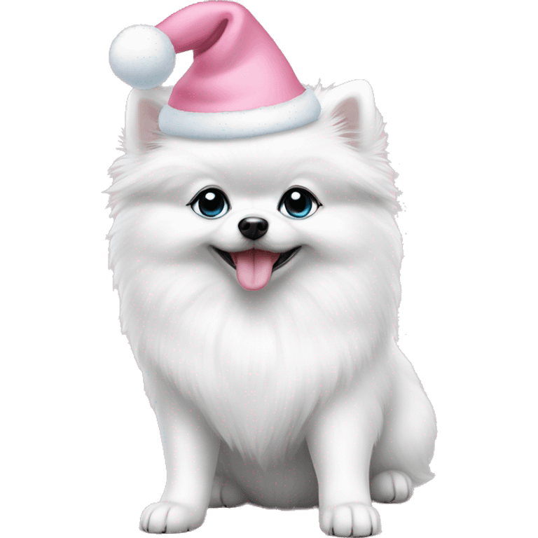 white pomeranian puppy full body light blue eyes pink christmas hat on emoji