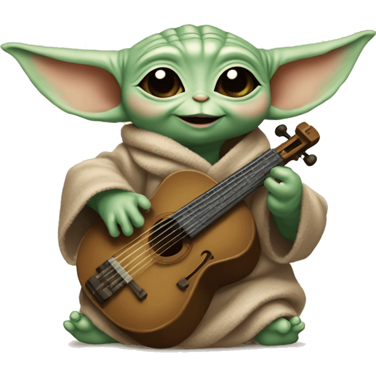 Baby Yoda with hearts around the head 💖 - shows love for his instrument or gadget, smiles happily. emoji